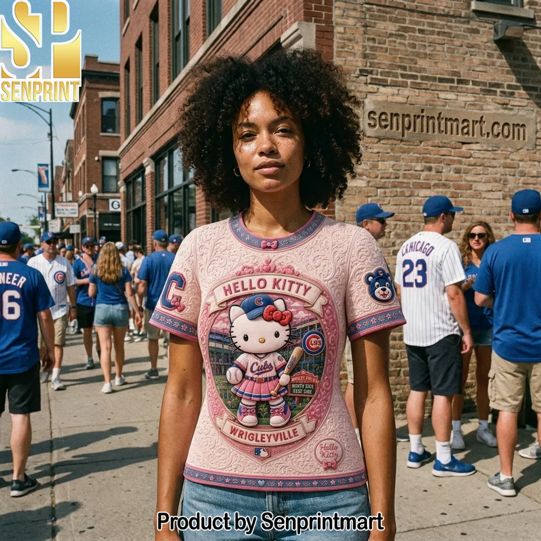 Chicago Cubs Hello Kitty Wrigleyville Premium Pink 3D Embossed T-Shirt