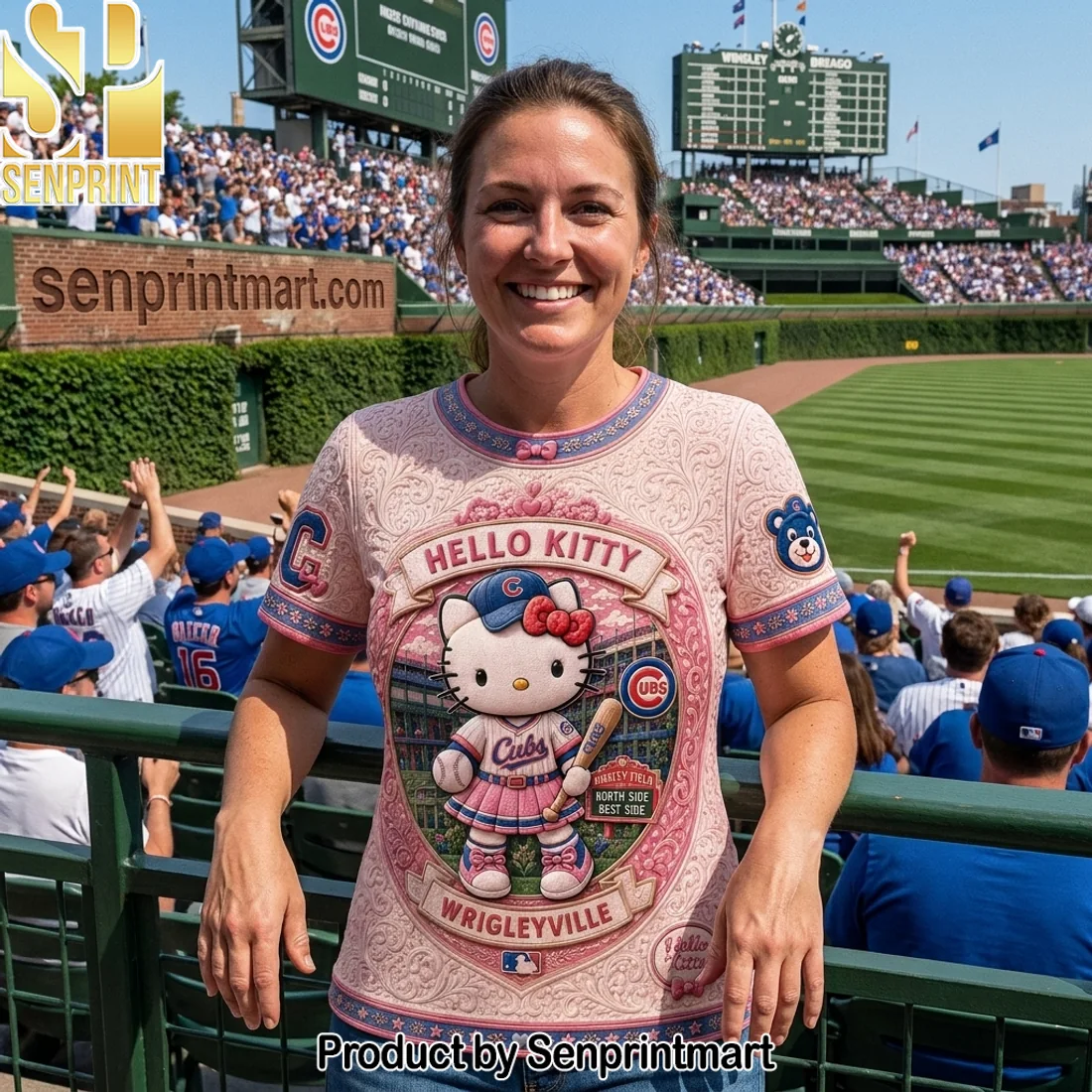Chicago Cubs Hello Kitty Wrigleyville Premium Pink 3D Embossed T-Shirt Chicago Cubs Hello Kitty Wrigleyville Premium Pink 3D Embossed T-Shirt