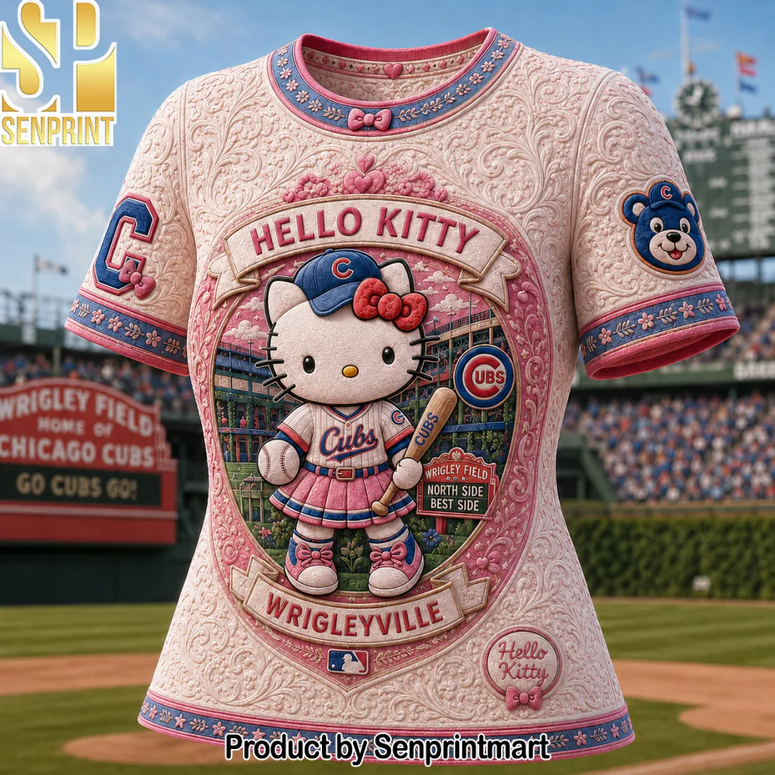 Chicago Cubs Hello Kitty Wrigleyville Premium Pink 3D Embossed T-Shirt Chicago Cubs Hello Kitty Wrigleyville Premium Pink 3D Embossed T-Shirt