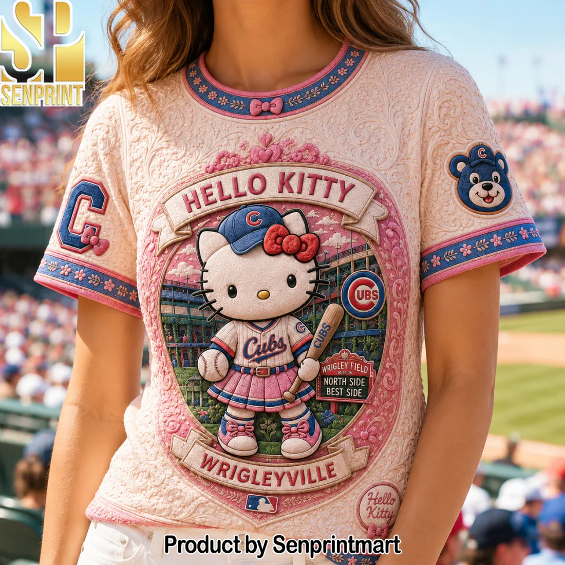 Chicago Cubs Hello Kitty Wrigleyville Premium Pink 3D Embossed T-Shirt Chicago Cubs Hello Kitty Wrigleyville Premium Pink 3D Embossed T-Shirt