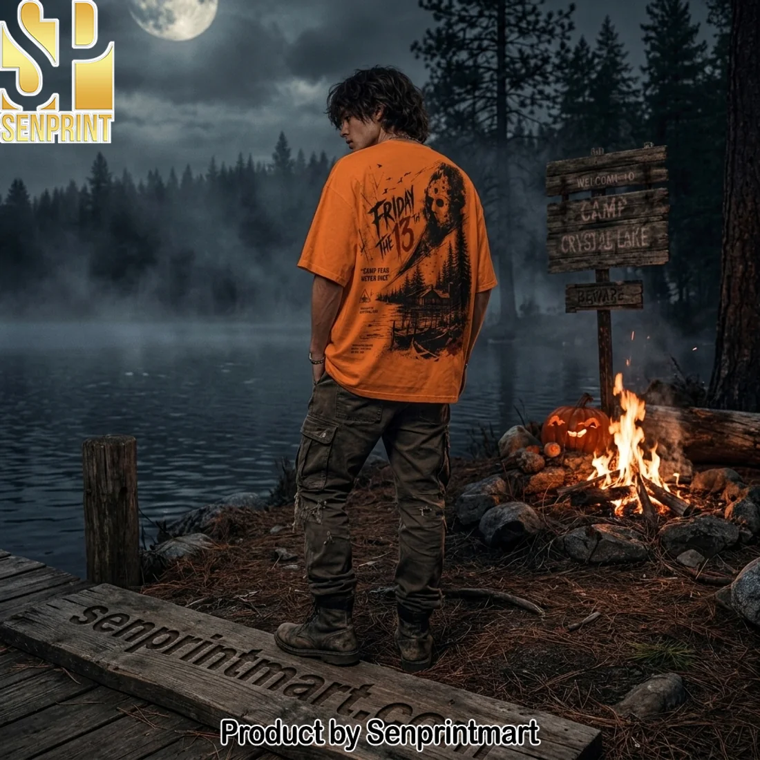 Friday the 13th Camp Crystal Lake Jason Voorhees Halloween Horror Orange Graphic T-Shirt Friday the 13th Camp Crystal Lake Jason Voorhees Halloween Horror Orange Graphic T-Shirt