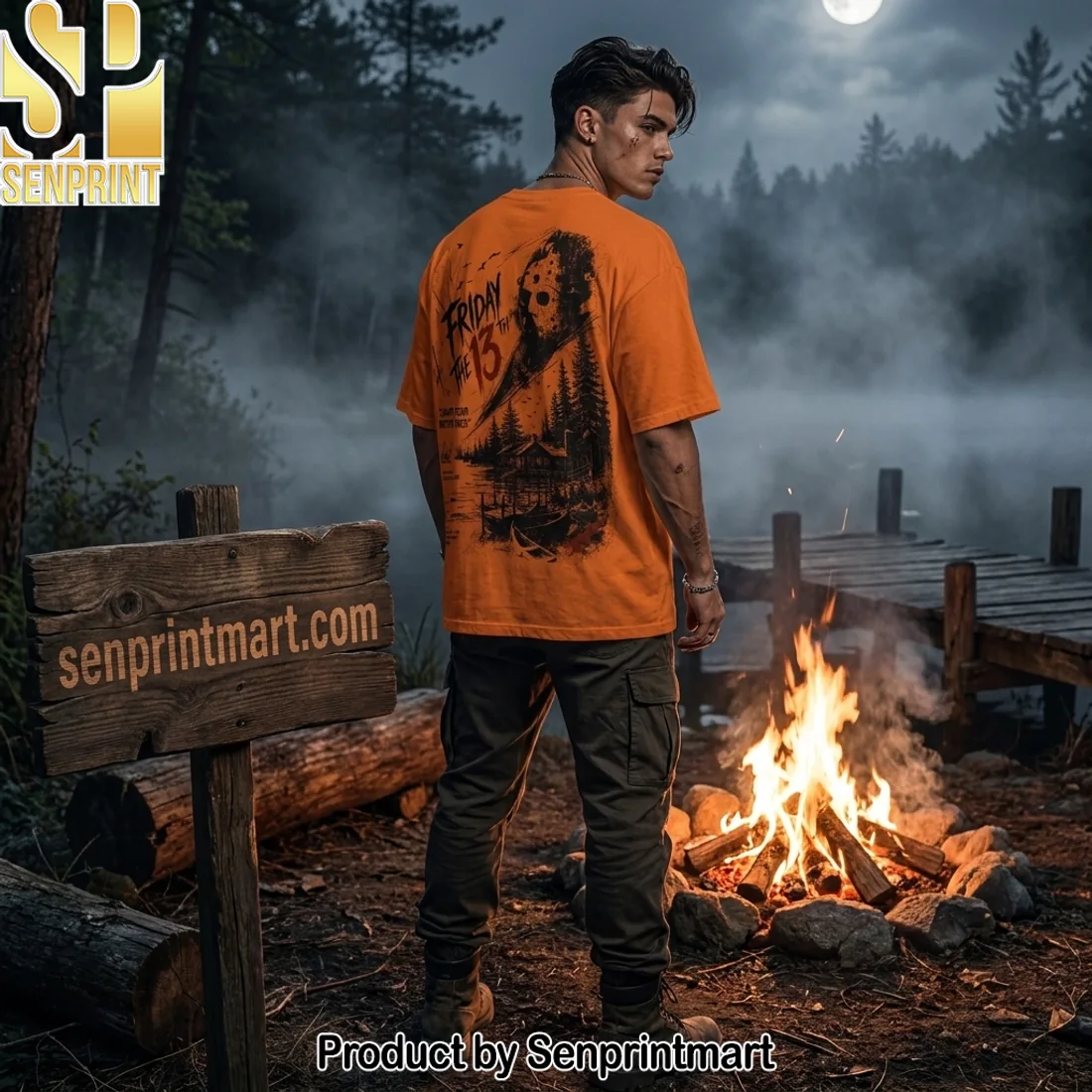 Friday the 13th Camp Crystal Lake Jason Voorhees Halloween Horror Orange Graphic T-Shirt
