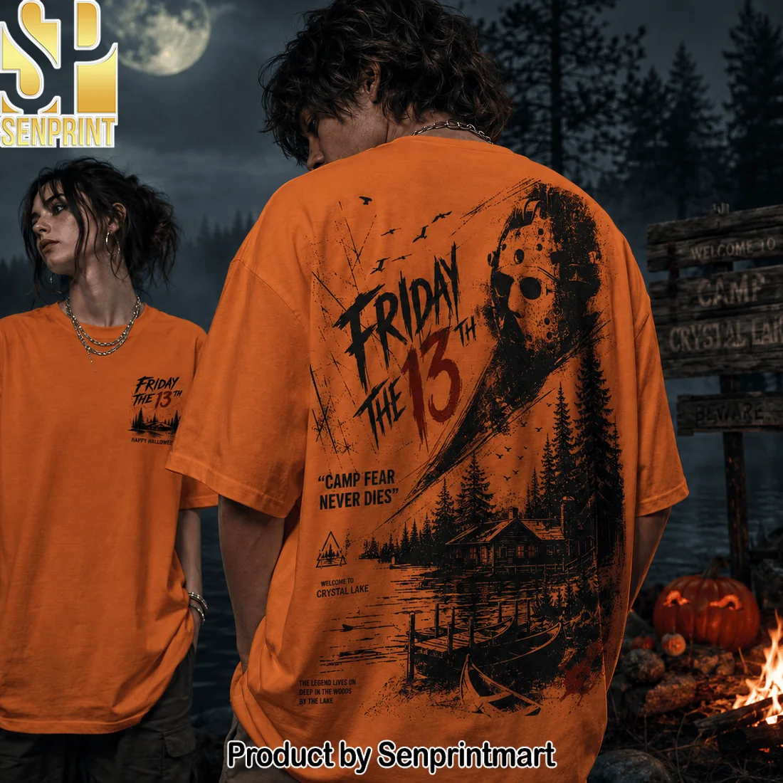 Friday the 13th Camp Crystal Lake Jason Voorhees Halloween Horror Orange Graphic T-Shirt Friday the 13th Camp Crystal Lake Jason Voorhees Halloween Horror Orange Graphic T-Shirt