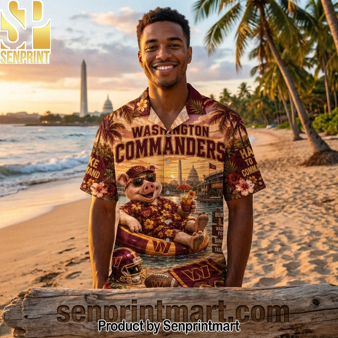 Washington Commanders NFL Funny Pig Mascot Burgundy and Gold Tropical Sunset Hawaiian Shirt