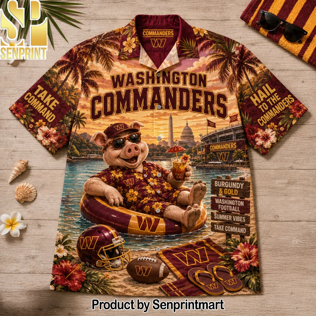 Washington Commanders NFL Funny Pig Mascot Burgundy and Gold Tropical Sunset Hawaiian Shirt Washington Commanders NFL Funny Pig Mascot Burgundy and Gold Tropical Sunset Hawaiian Shirt