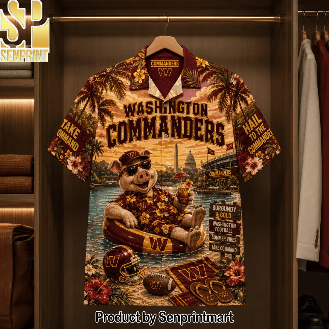 Washington Commanders NFL Funny Pig Mascot Burgundy and Gold Tropical Sunset Hawaiian Shirt Washington Commanders NFL Funny Pig Mascot Burgundy and Gold Tropical Sunset Hawaiian Shirt