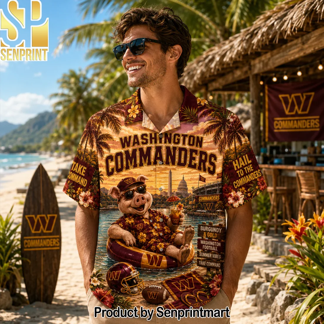 Washington Commanders NFL Funny Pig Mascot Burgundy and Gold Tropical Sunset Hawaiian Shirt Washington Commanders NFL Funny Pig Mascot Burgundy and Gold Tropical Sunset Hawaiian Shirt