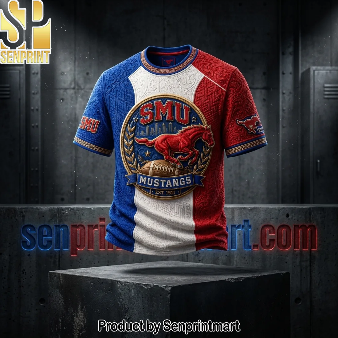 SMU Mustangs NCAA College Football Est 1911 Premium 3D Embossed Textured T-Shirt SMU Mustangs NCAA College Football Est 1911 Premium 3D Embossed Textured T-Shirt