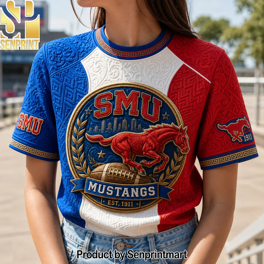 SMU Mustangs NCAA College Football Est 1911 Premium 3D Embossed Textured T-Shirt SMU Mustangs NCAA College Football Est 1911 Premium 3D Embossed Textured T-Shirt