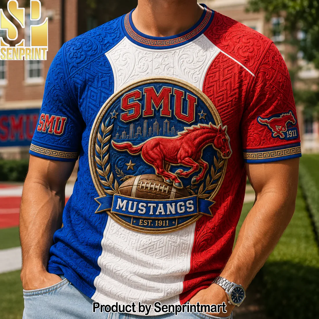 SMU Mustangs NCAA College Football Est 1911 Premium 3D Embossed Textured T-Shirt SMU Mustangs NCAA College Football Est 1911 Premium 3D Embossed Textured T-Shirt