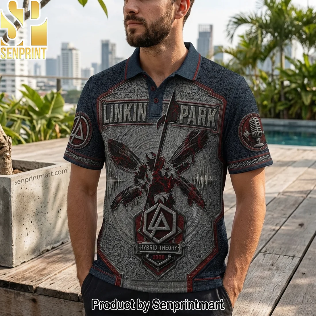 Linkin Park Hybrid Theory 2000 Rock Band 3D Embossed Premium Graphic Polo Shirt Linkin Park Hybrid Theory 2000 Rock Band 3D Embossed Premium Graphic Polo Shirt
