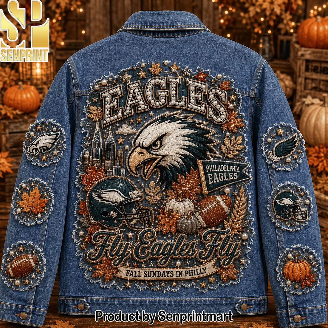 Philadelphia Eagles Fly Eagles Fly Fall Sundays Premium Embellished Denim Jacket Philadelphia Eagles Fly Eagles Fly Fall Sundays Premium Embellished Denim Jacket