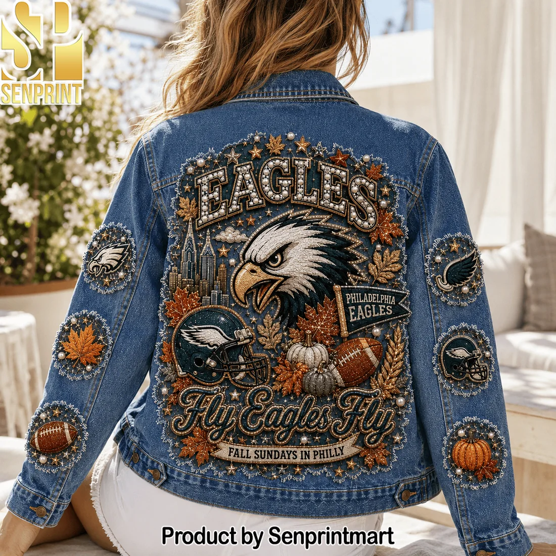 Philadelphia Eagles Fly Eagles Fly Fall Sundays Premium Embellished Denim Jacket Philadelphia Eagles Fly Eagles Fly Fall Sundays Premium Embellished Denim Jacket