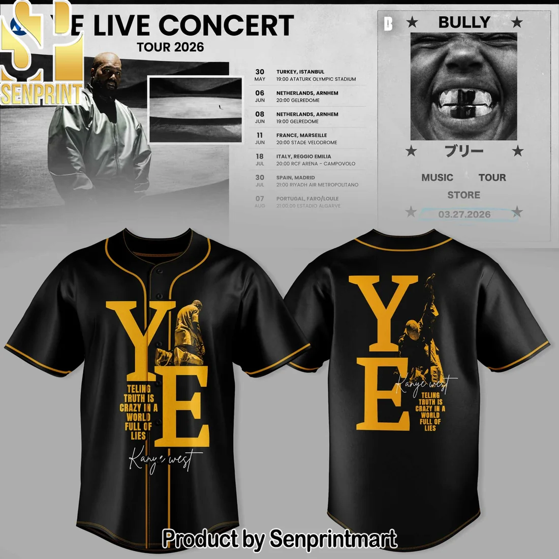 Kanye West Ye Bully Live Concert Tour 2026 Black Gold Premium 3D Baseball Jersey Kanye West Ye Bully Live Concert Tour 2026 Black Gold Premium 3D Baseball Jersey
