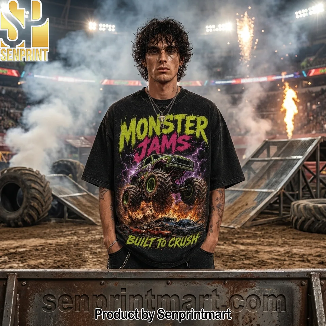 Monster Jam Monster Truck Arena Mayhem Oversized Graphic T-Shirt Monster Jam Monster Truck Arena Mayhem Oversized Graphic T-Shirt