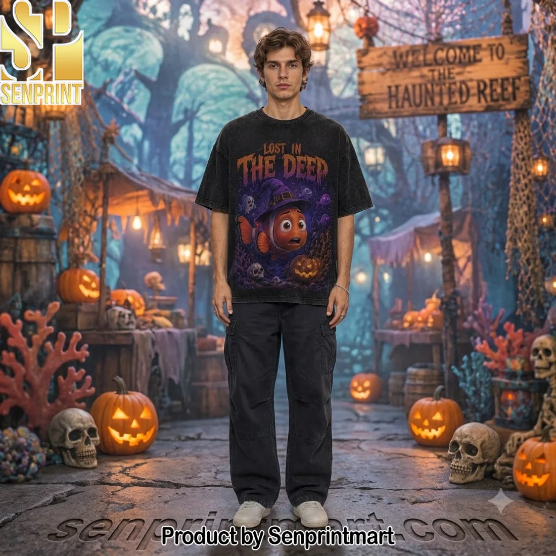 Disney Pixar Finding Nemo Halloween Haunted Ocean Vintage Wash Graphic T-Shirt