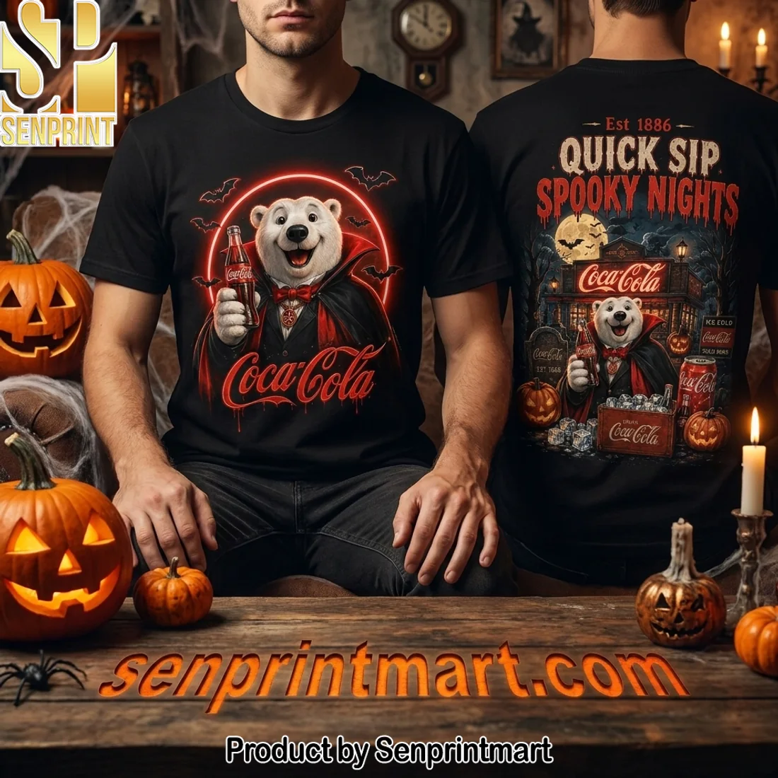 Coca-Cola Halloween Spooky Nights Vampire Polar Bear Neon Glow T-Shirt