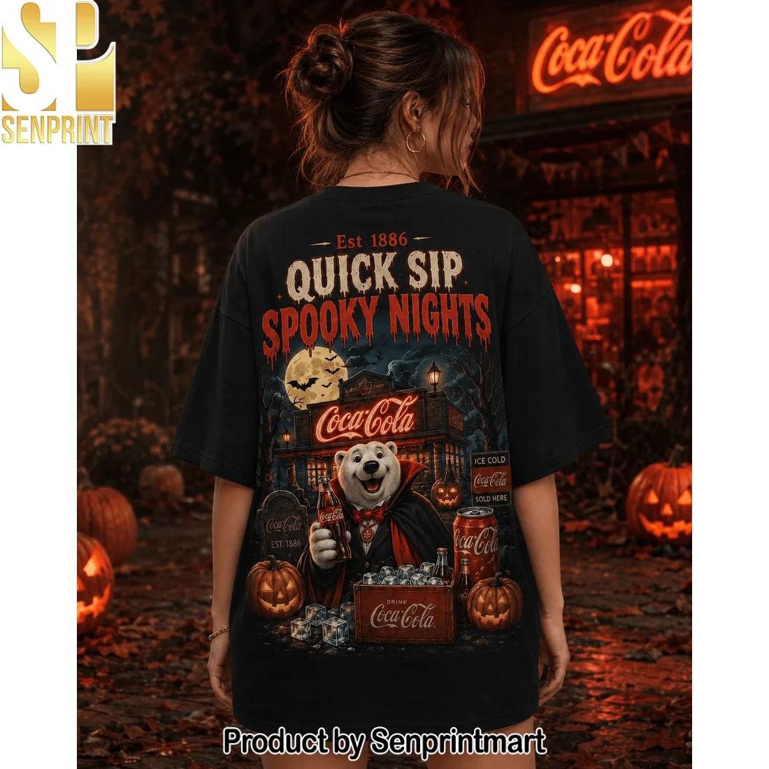 Coca-Cola Halloween Spooky Nights Vampire Polar Bear Neon Glow T-Shirt Coca-Cola Halloween Spooky Nights Vampire Polar Bear Neon Glow T-Shirt