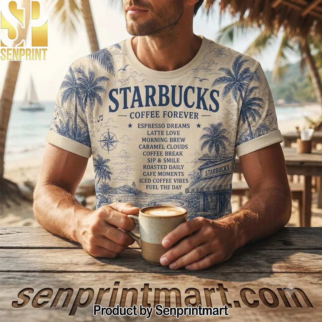 Starbucks Vintage Nautical Coffee Illustration All-Over Print T-Shirt