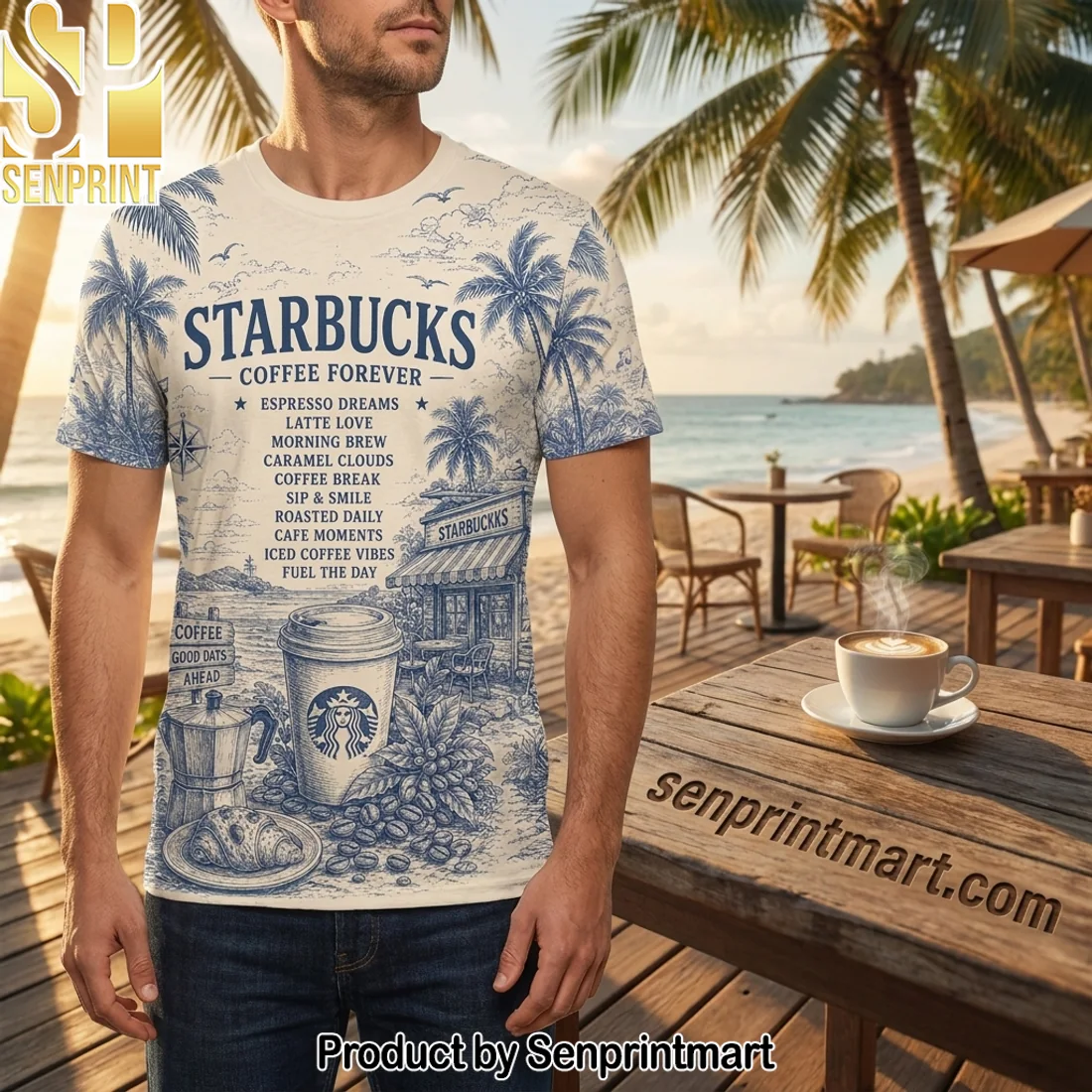 Starbucks Vintage Nautical Coffee Illustration All-Over Print T-Shirt Starbucks Vintage Nautical Coffee Illustration All-Over Print T-Shirt