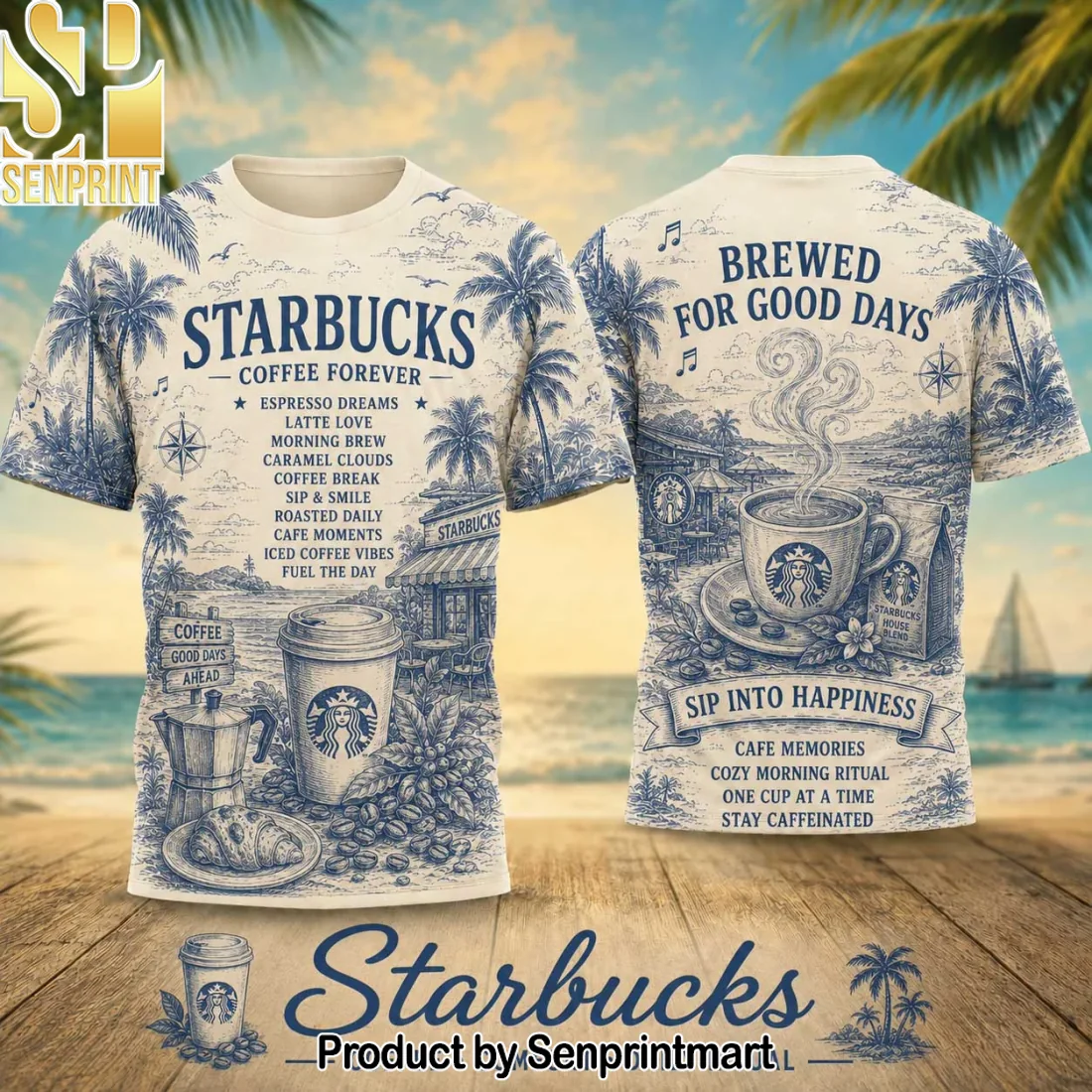 Starbucks Vintage Nautical Coffee Illustration All-Over Print T-Shirt Starbucks Vintage Nautical Coffee Illustration All-Over Print T-Shirt