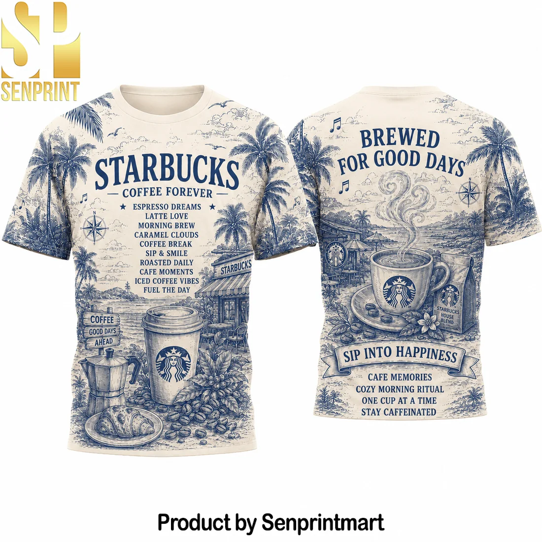 Starbucks Vintage Nautical Coffee Illustration All-Over Print T-Shirt Starbucks Vintage Nautical Coffee Illustration All-Over Print T-Shirt