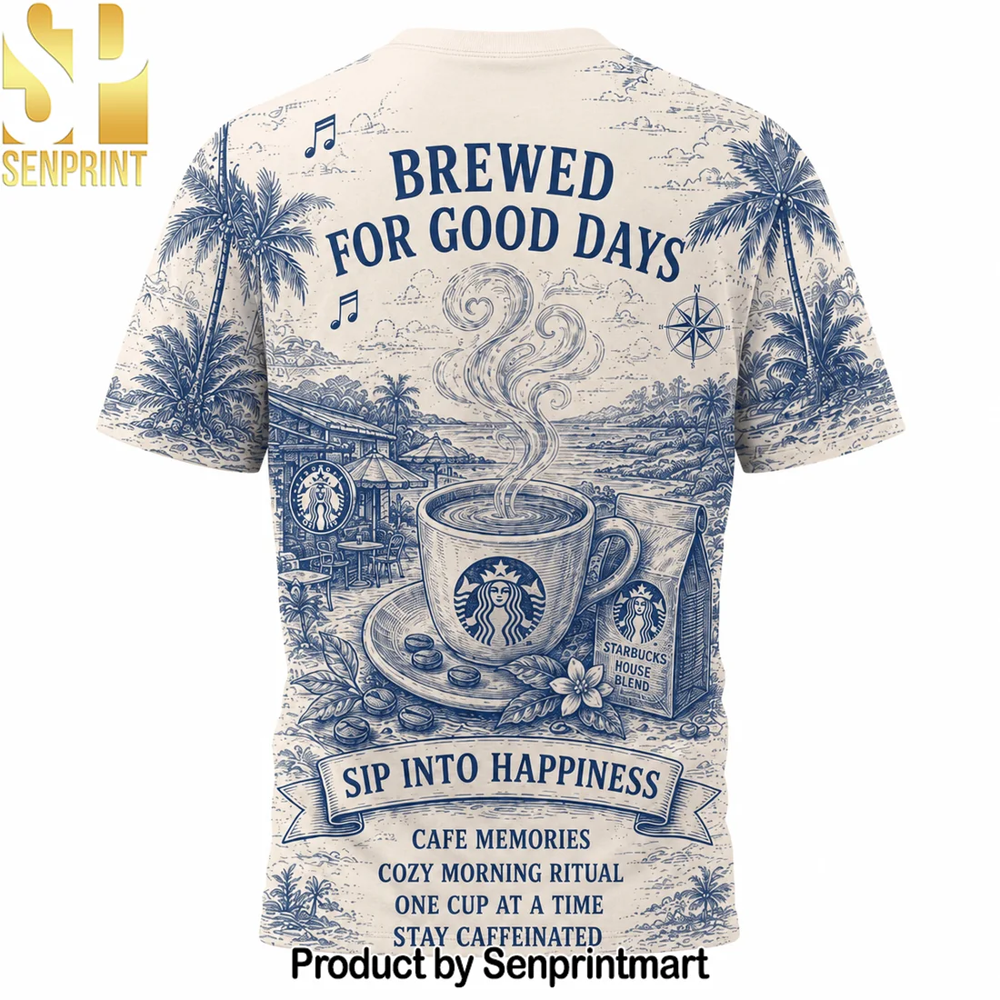 Starbucks Vintage Nautical Coffee Illustration All-Over Print T-Shirt Starbucks Vintage Nautical Coffee Illustration All-Over Print T-Shirt