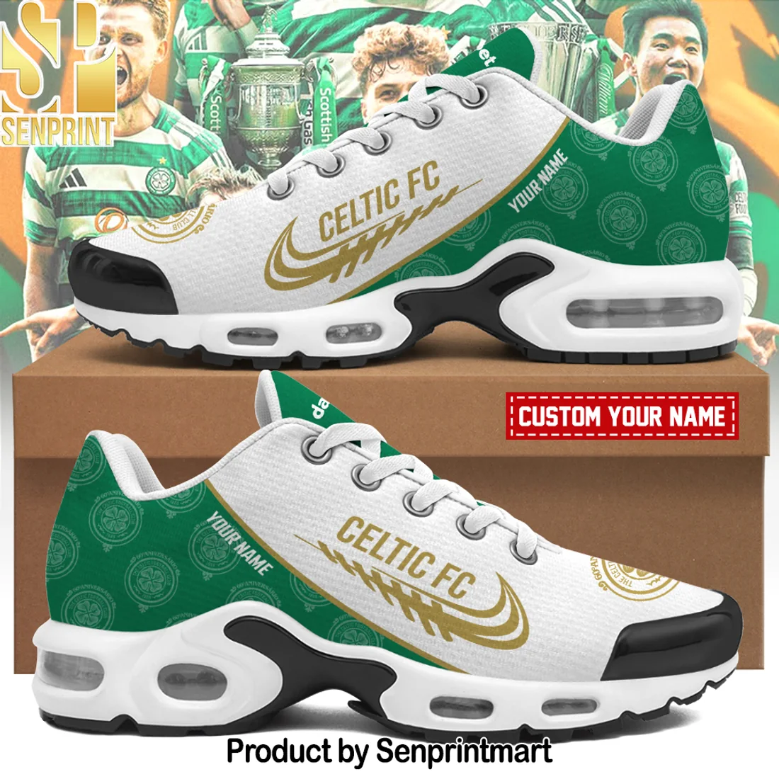 Celtic FC Personalized Custom Name Green and White Athletic Air Cushion Running Shoes Celtic FC Personalized Custom Name Green and White Athletic Air Cushion Running Shoes