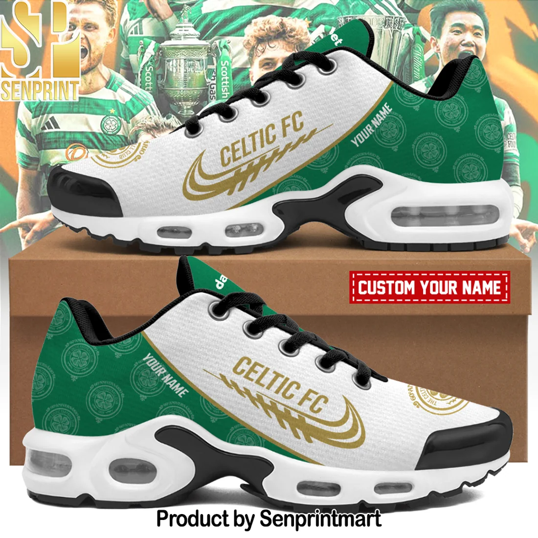 Celtic FC Personalized Custom Name Green and White Athletic Air Cushion Running Shoes Celtic FC Personalized Custom Name Green and White Athletic Air Cushion Running Shoes