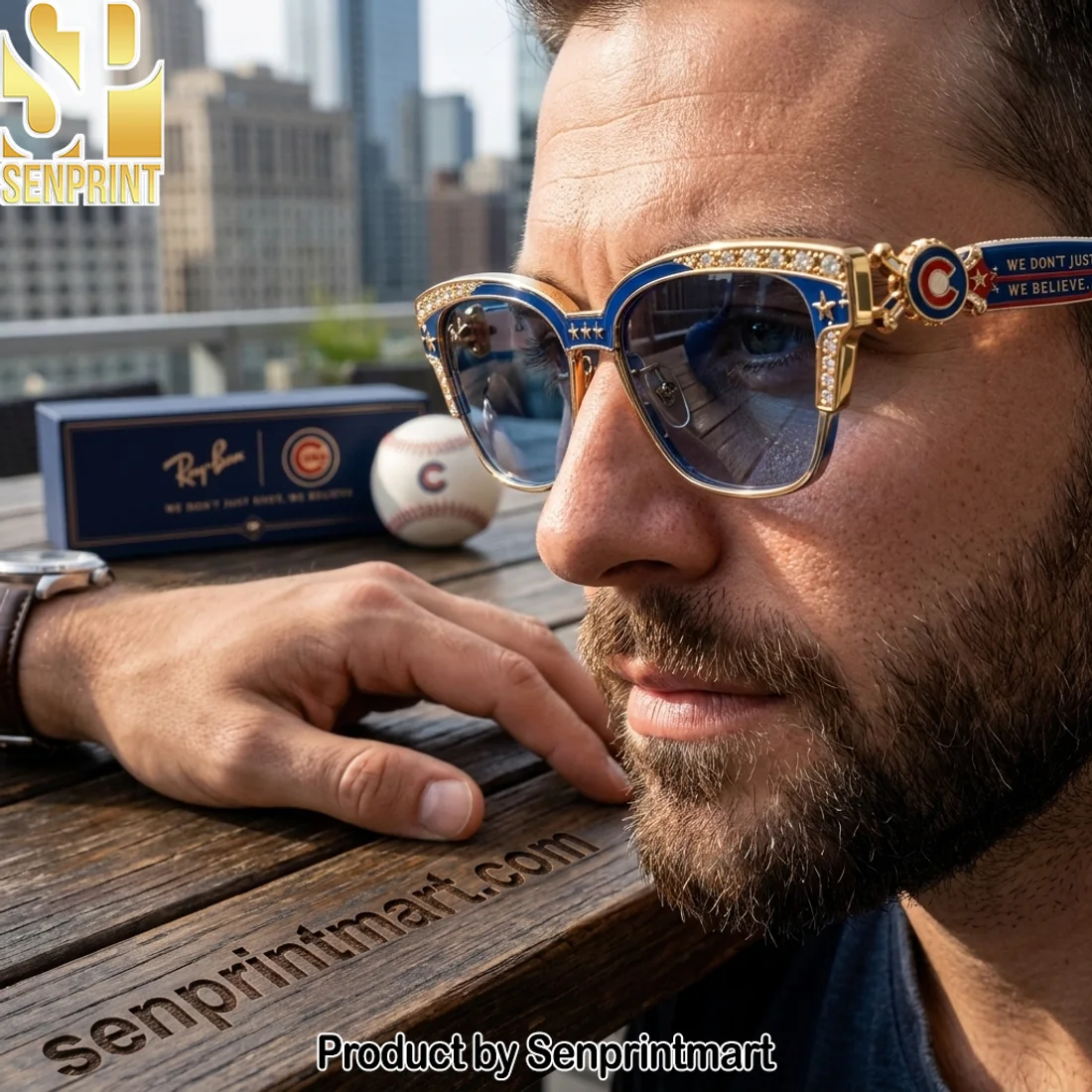 MLB Chicago Cubs Luxury Crystal Studded Blue and Gold Unisex Sunglasses