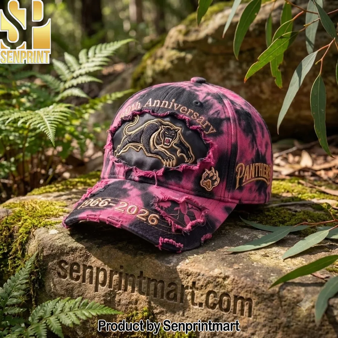 Penrith Panthers NRL 60th Anniversary 1966-2026 Commemorative Pink Black Distressed Tie Dye Baseball Cap