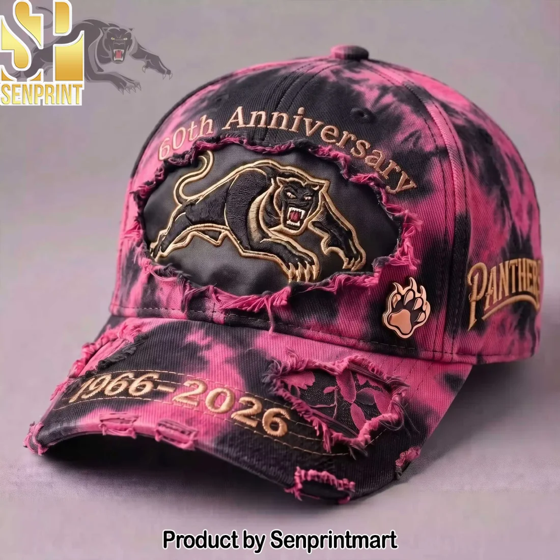 Penrith Panthers NRL 60th Anniversary 1966-2026 Commemorative Pink Black Distressed Tie Dye Baseball Cap Penrith Panthers NRL 60th Anniversary 1966-2026 Commemorative Pink Black Distressed Tie Dye Baseball Cap