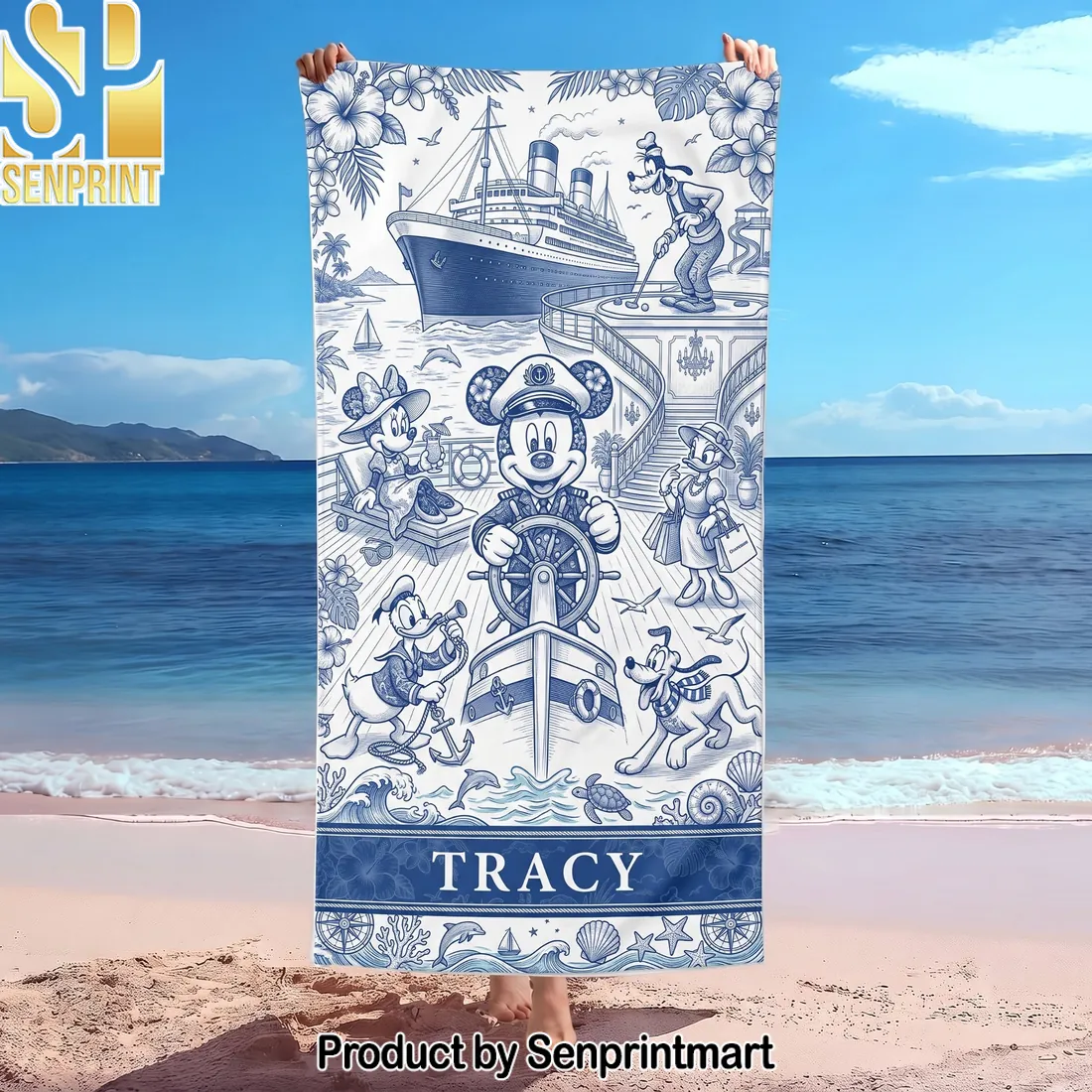 Custom Disney Cruise Mickey Mouse Blue Sketch Beach Towel