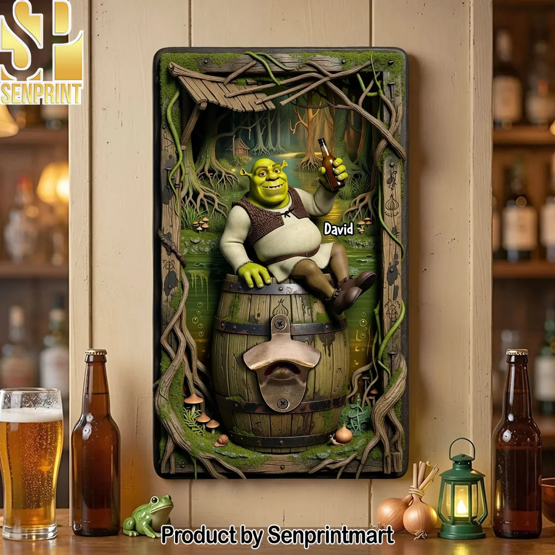Personalized Green Ogre Swamp 3D Rustic Wall Mounted Bottle Opener
