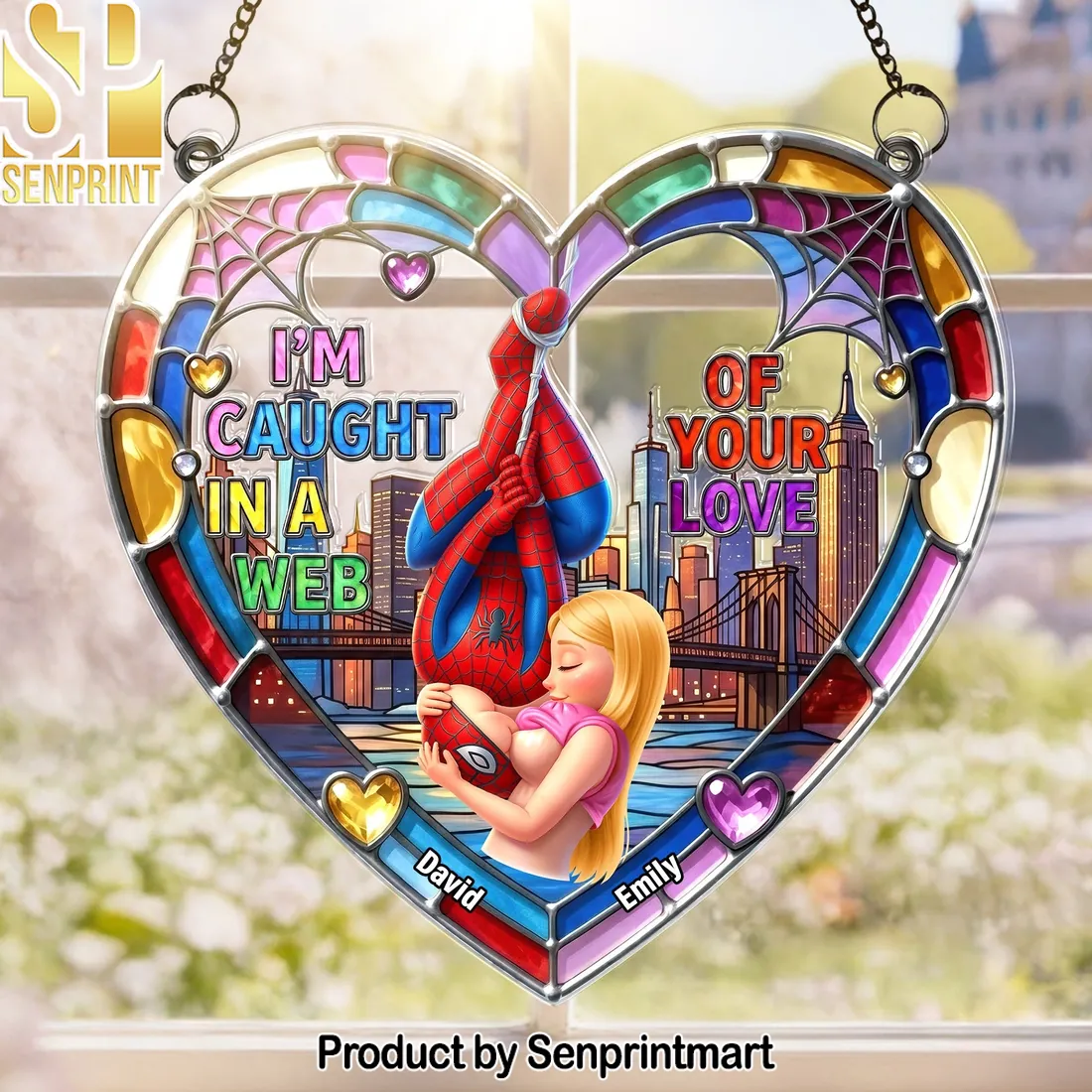 Personalized Spider-Man Caught In A Web Of Your Love Stained Glass Suncatcher