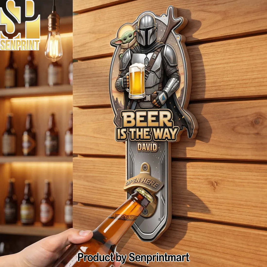 Beer Is The Way Personalized Mandalorian Wooden Wall Mounted Bottle Opener
