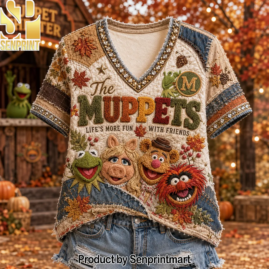 The Muppets Life’s More Fun With Friends Patchwork V-Neck Shirt