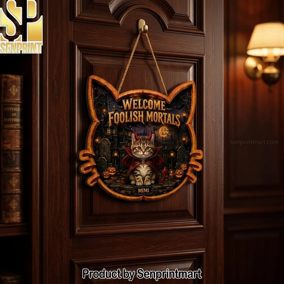 Welcome Foolish Mortals Personalized Halloween Devil Cat Wooden Hanging Sign