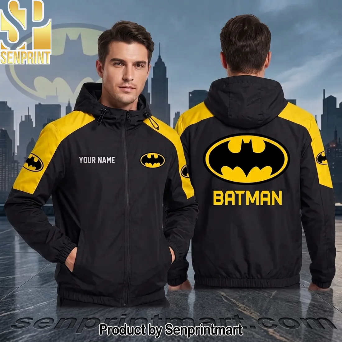 Personalized Batman Custom Name Yellow and Black Hooded Windbreaker Jacket