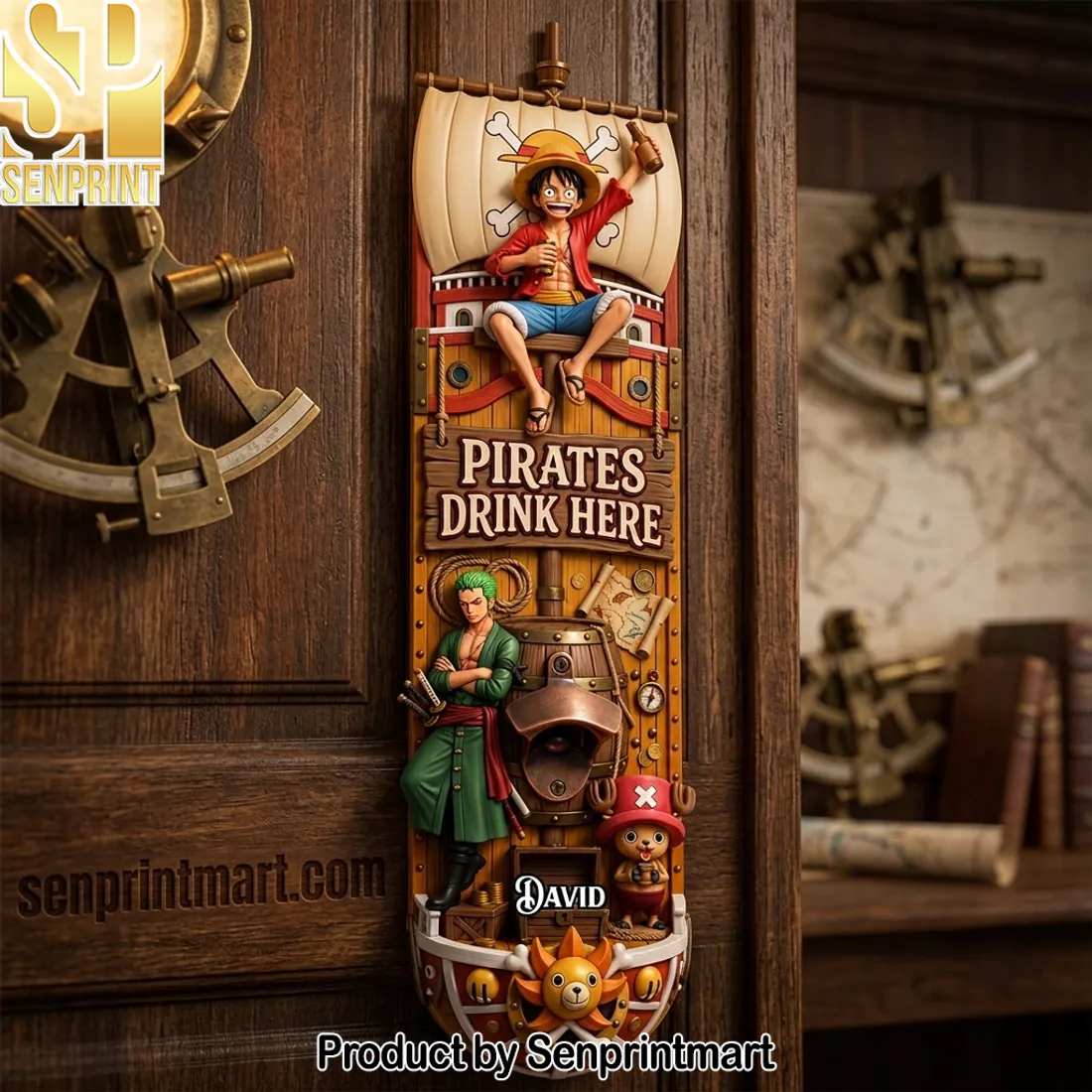 One Piece Pirates Drink Here Personalized Anime Wooden Wall Mounted Bottle Opener