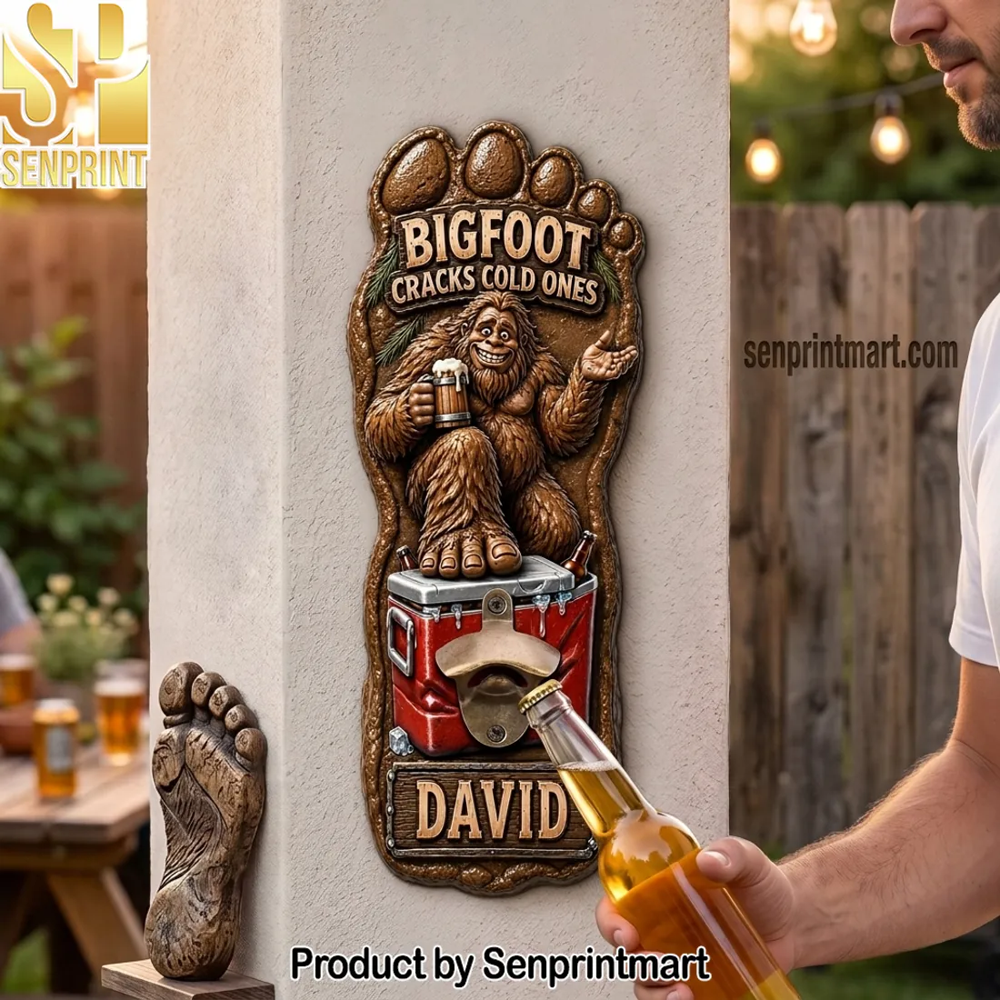 Bigfoot Cracks Cold Ones Personalized Rustic Wall Mounted Bottle Opener