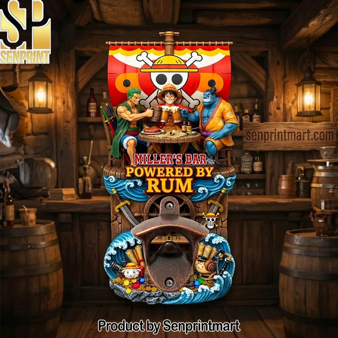Personalized Powered By Rum Anime Pirate Bar Wall Mounted Bottle Opener