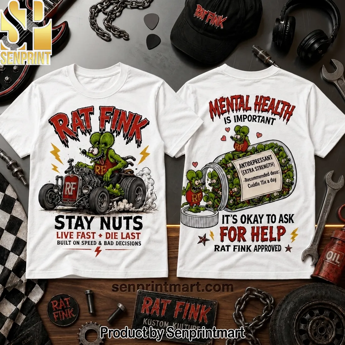 Rat Fink Stay Nuts Live Fast Die Last Hot Rod Graphic T-Shirt