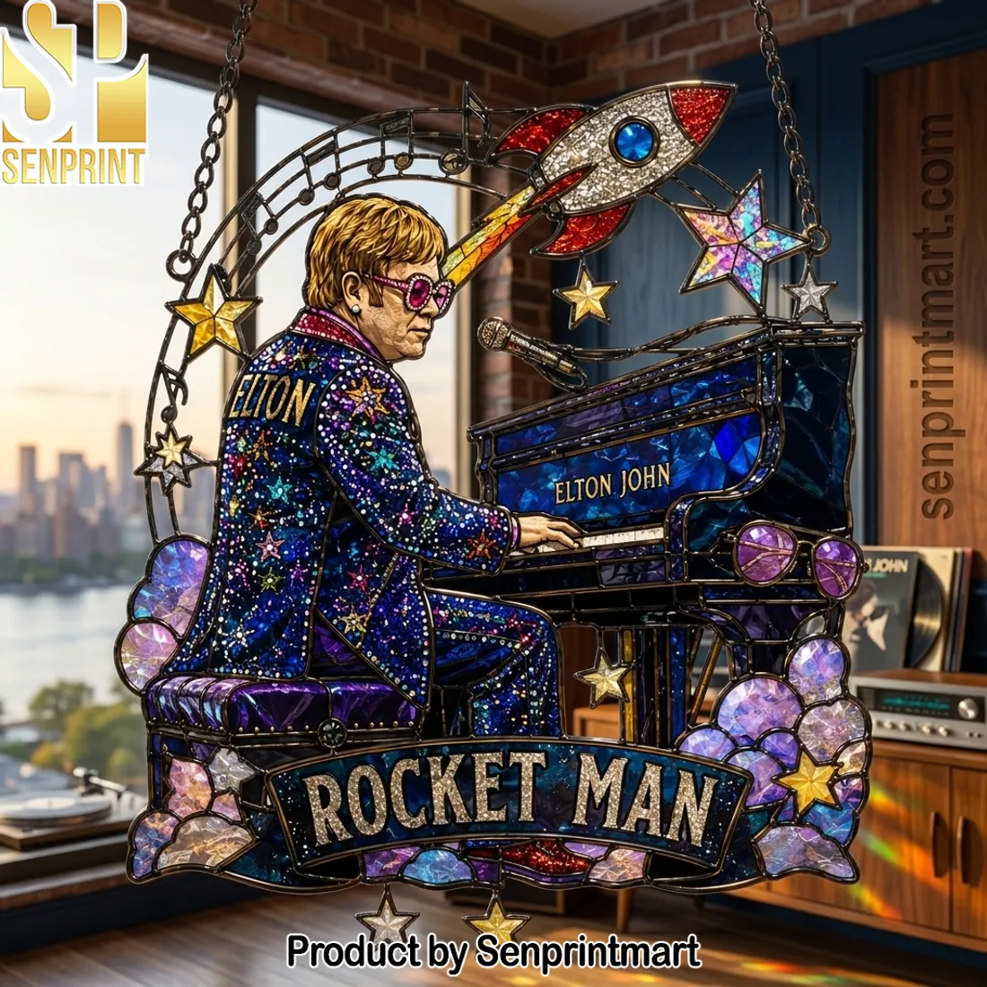 Elton John Tribute Colorful Portrait Premium Art Stained Glass Suncatcher