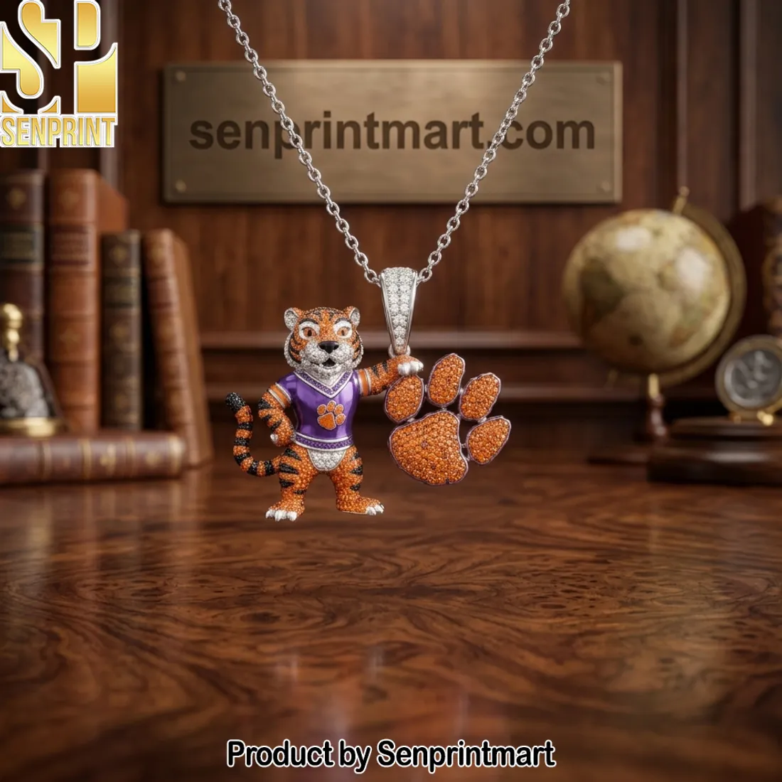 Clemson Tigers Iced Out Mascot and Paw Print Pendant Necklace