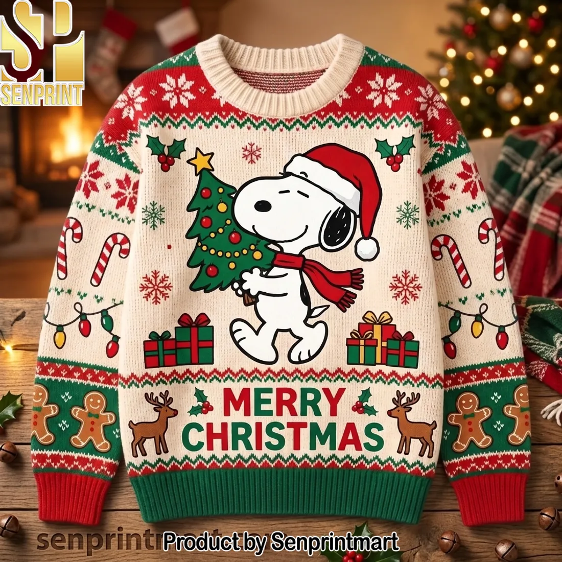 Snoopy Merry Christmas Festive Holiday Knitted Ugly Christmas Sweater