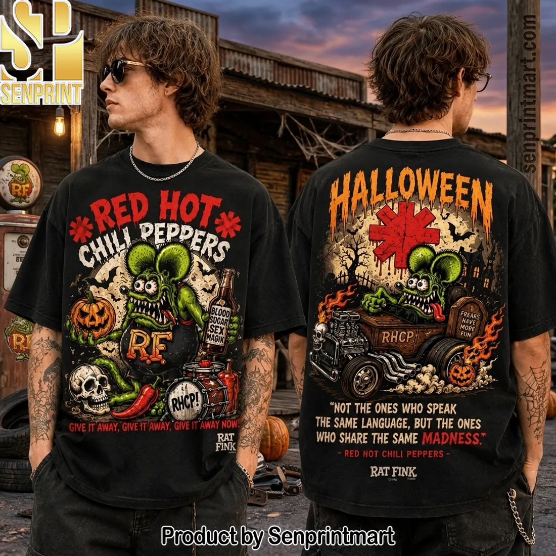 Rat Fink And Red Hot Chili Peppers Halloween Vintage Graphic T-Shirt