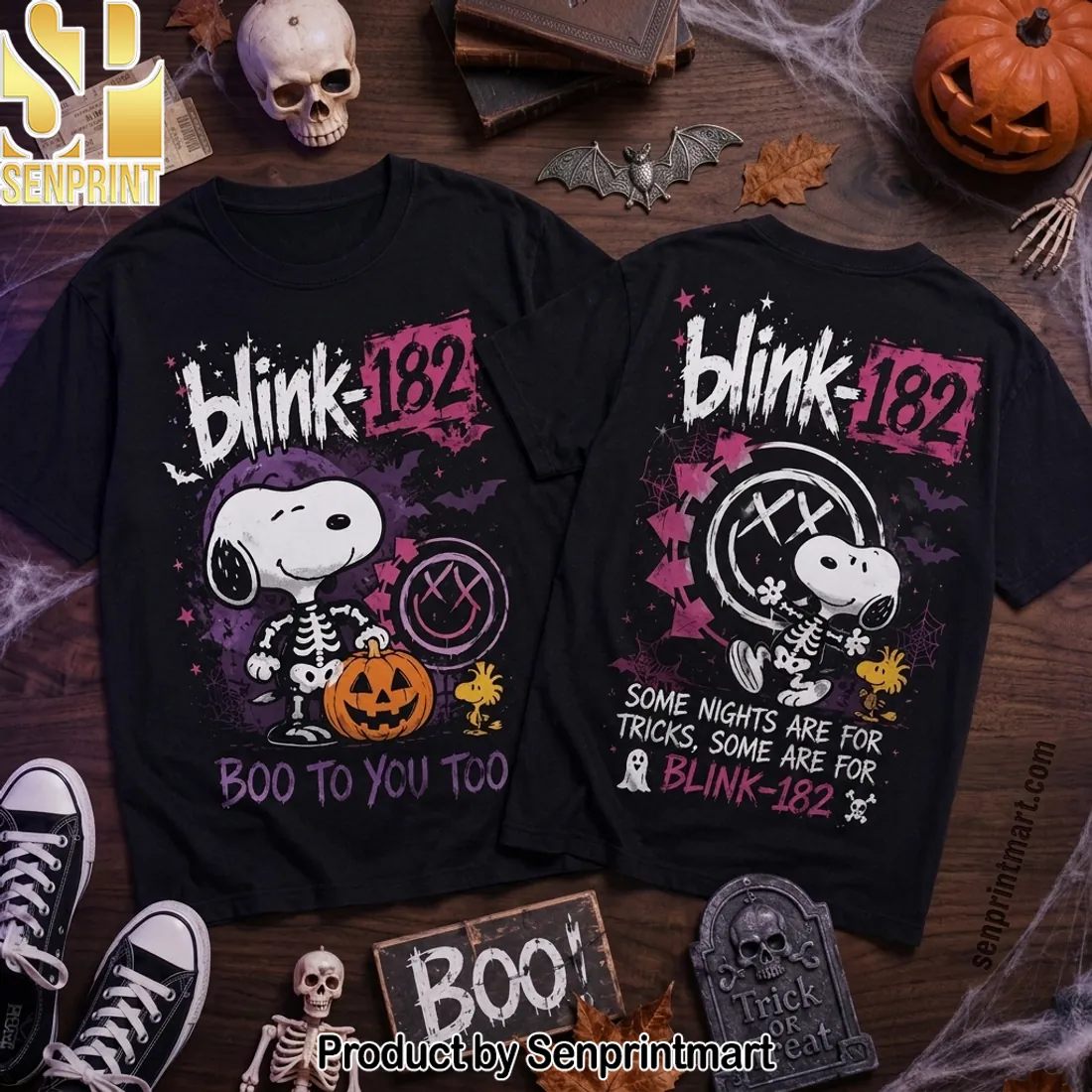 Blink-182 Snoopy Skeleton Boo To You Too Halloween Graphic T-Shirt