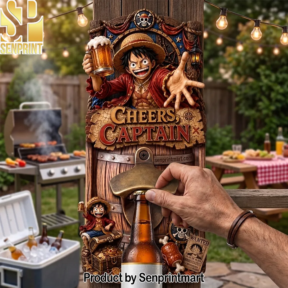 One Piece Luffy Cheers Captain Rustic Wood Style Wall Mounted Bottle Opener