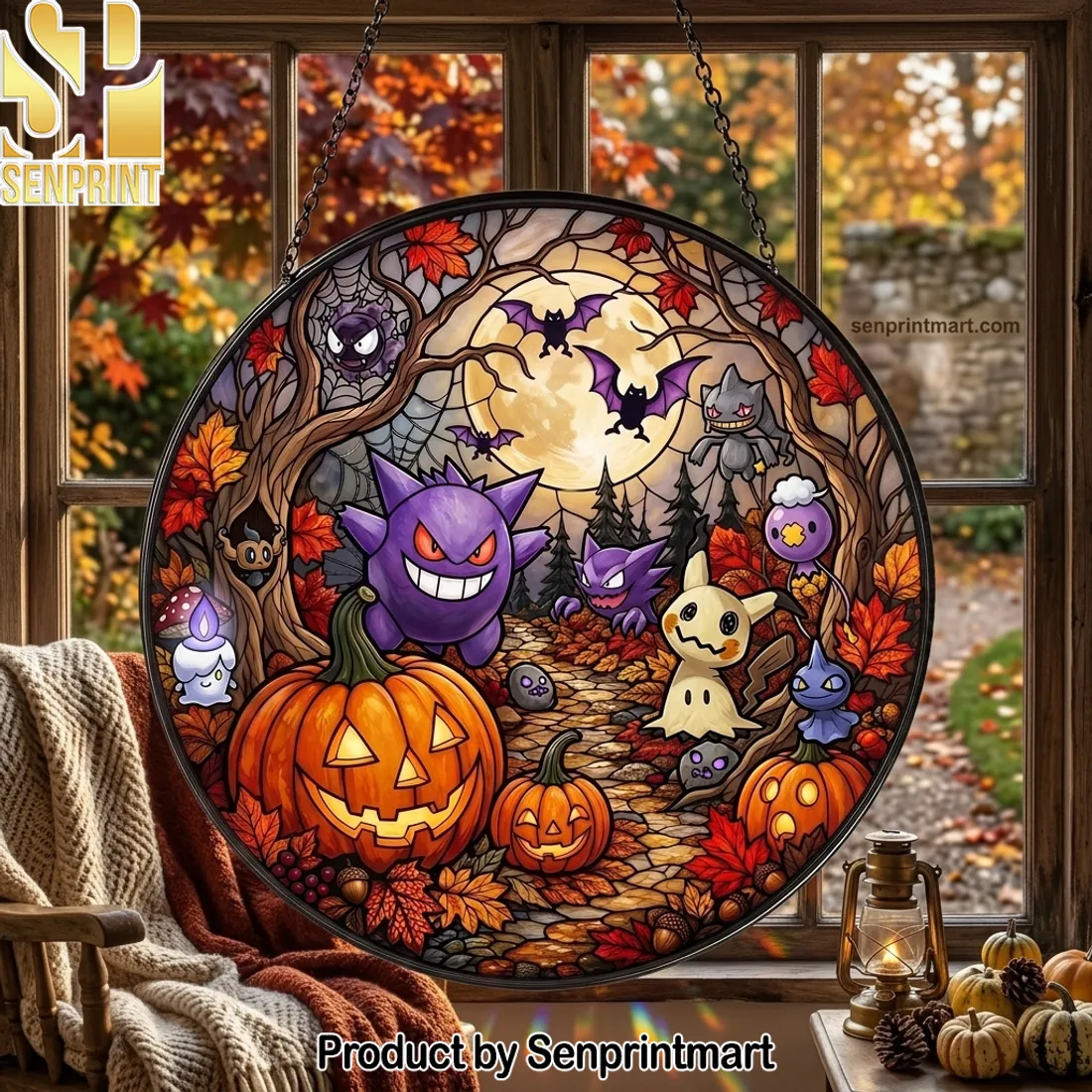 Spooky Ghost Pokemon Halloween Stained Glass Window Suncatcher